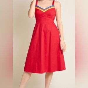 Modcloth Red Wonder Woman Midi Dress with Colorful Trim